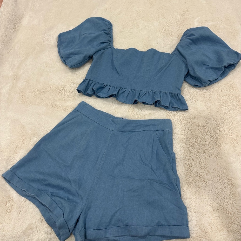 Blue Puff Ruffle Sleeve Crop Top and Shorts Set
